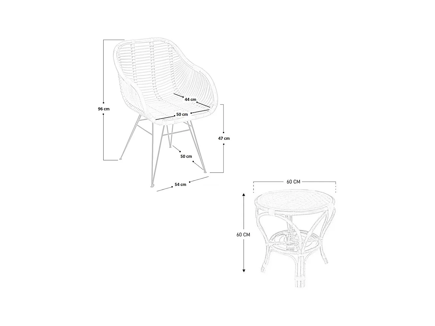 Set di 2 sedie Desy in legno di bambu con gambe in ferro e 1 tavolino in bambu