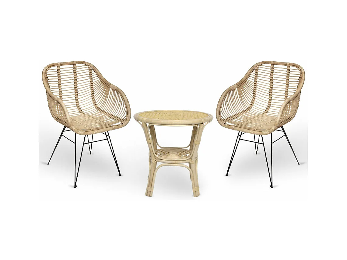Ensemble de 2 chaises Desy en bois de bambou avec pieds en fer et 1 table en bambou