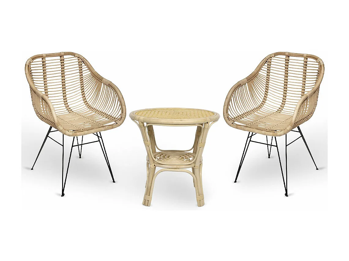 Conjunto de 2 sillas Desy en madera de bambú con patas de hierro y 1 mesa de bambú