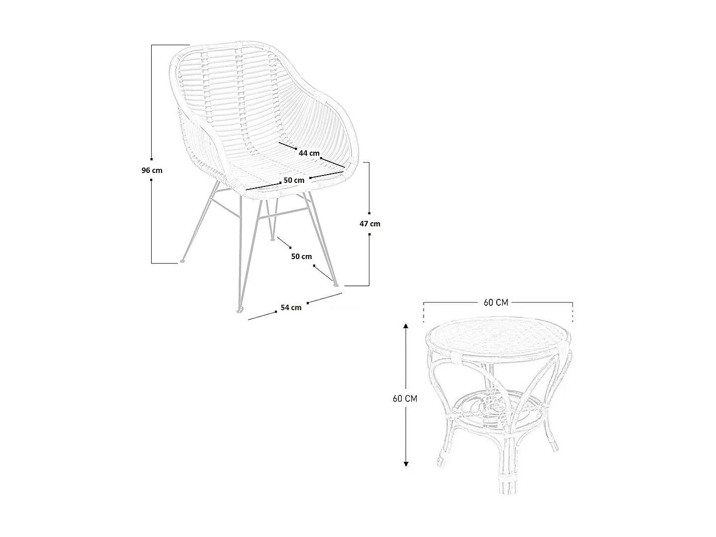 Conjunto de 2 sillas Desy en madera de bambú con patas de hierro y 1 mesa de bambú