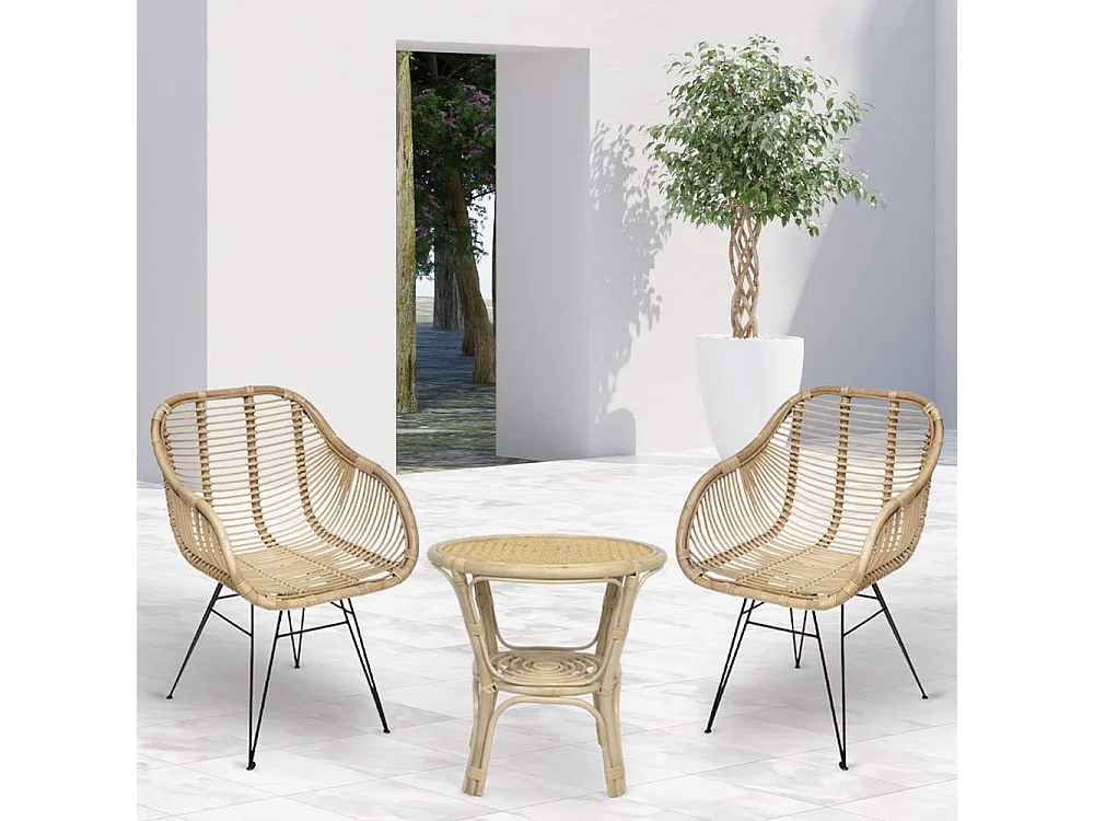 Conjunto de 2 sillas Desy en madera de bambú con patas de hierro y 1 mesa de bambú