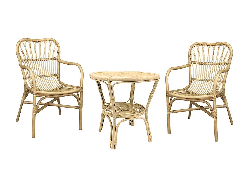 Salon Mandola en bois de bambou et paille de Vienne avec 2 fauteuils et 1 table basse