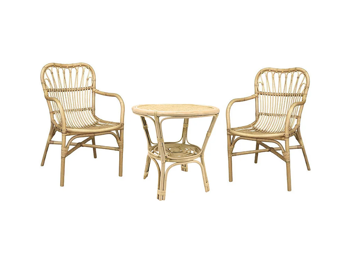 Salon Mandola en bois de bambou et paille de Vienne avec 2 fauteuils et 1 table basse