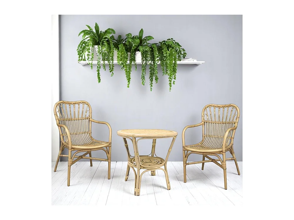 Salon Mandola en bois de bambou et paille de Vienne avec 2 fauteuils et 1 table basse