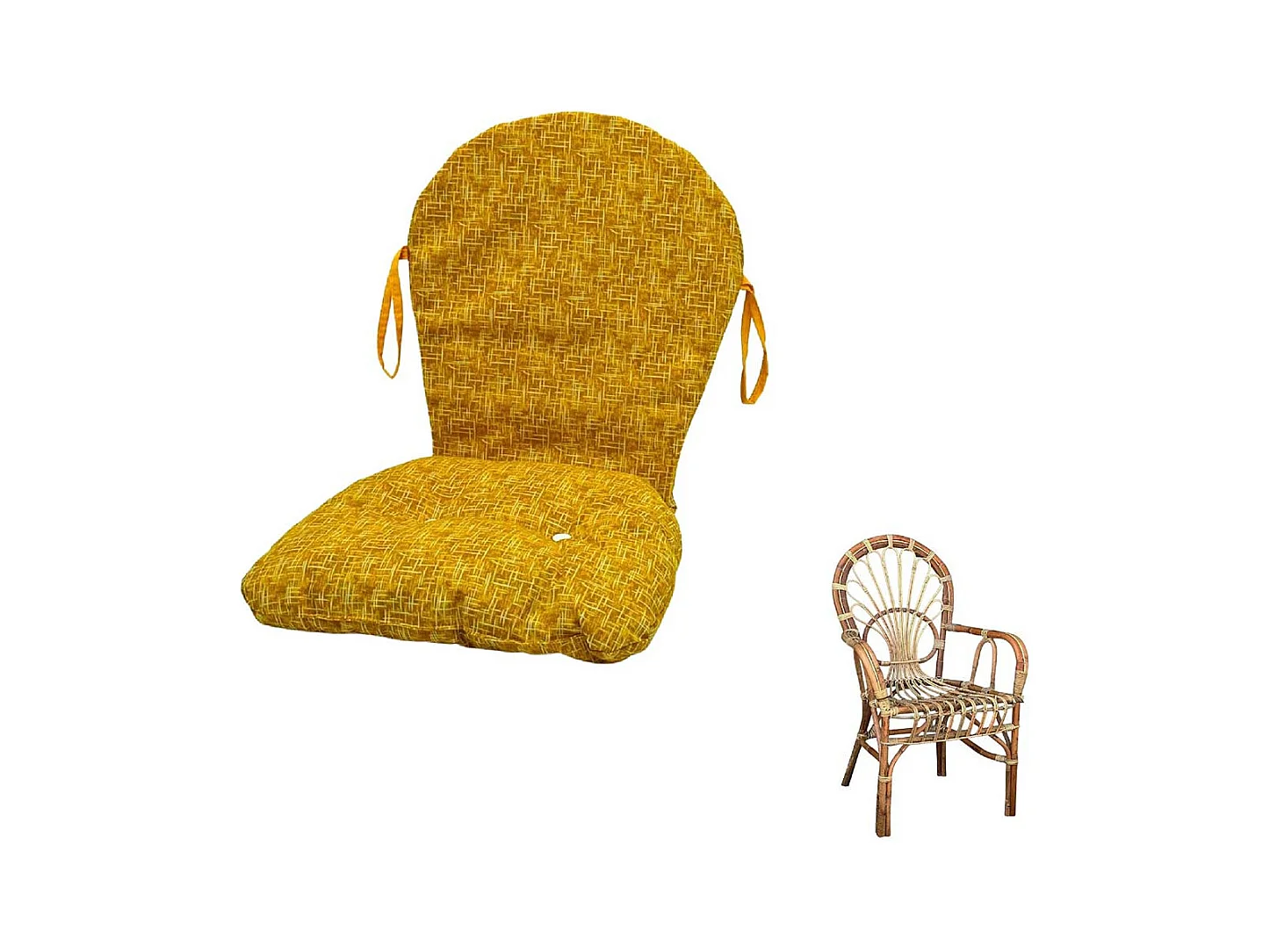 Coussin pour fauteuil chaise grosse semelle en osier et bambou motif moutarde