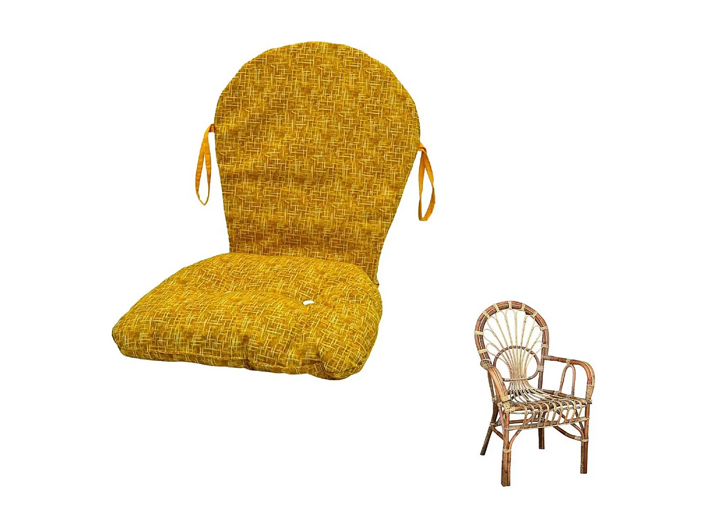 Coussin pour fauteuil chaise grosse semelle en osier et bambou motif moutarde