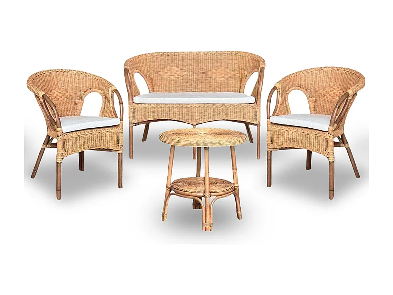 Salotto Mandolino in vimini naturale con 1 divanetto, 2 poltrone, 1 tavolino