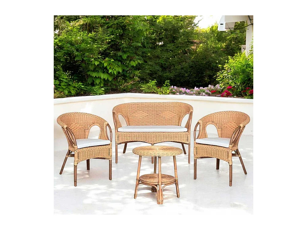 Salotto Mandolino in vimini naturale con 1 divanetto, 2 poltrone, 1 tavolino