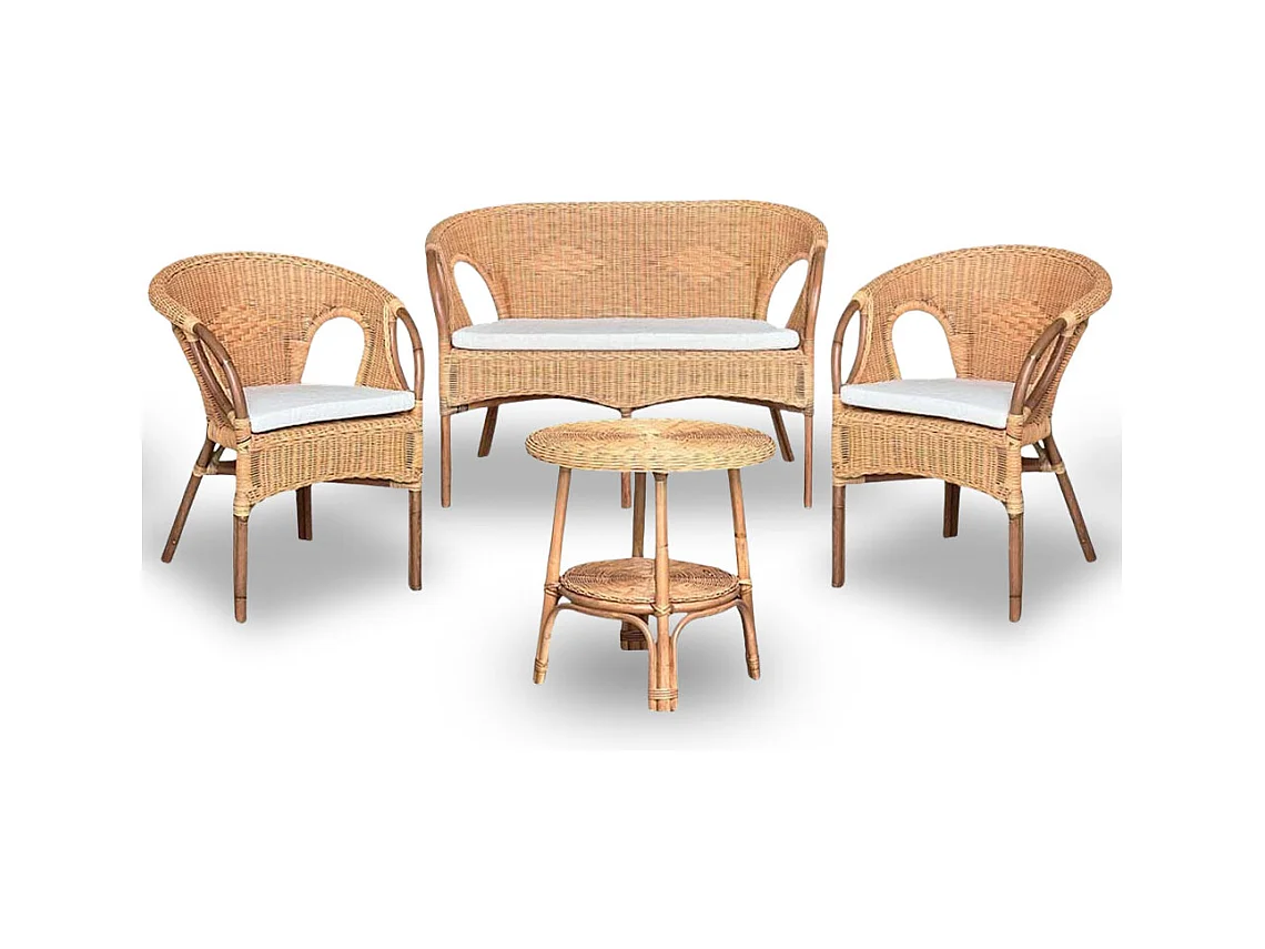 Salon Mandolino en osier naturel avec 1 canapé, 2 fauteuils, 1 table basse