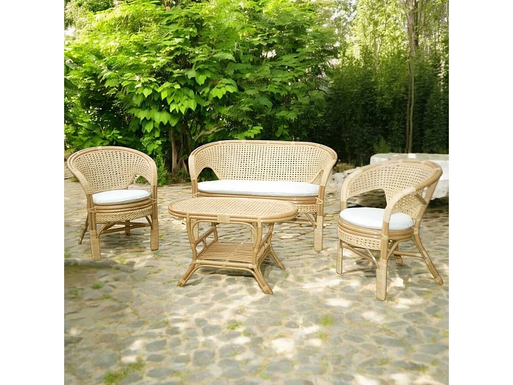 Amanda Woonkamer 1 Bank 2 Fauteuils 1 Weense Geweven Bamboe Salontafel