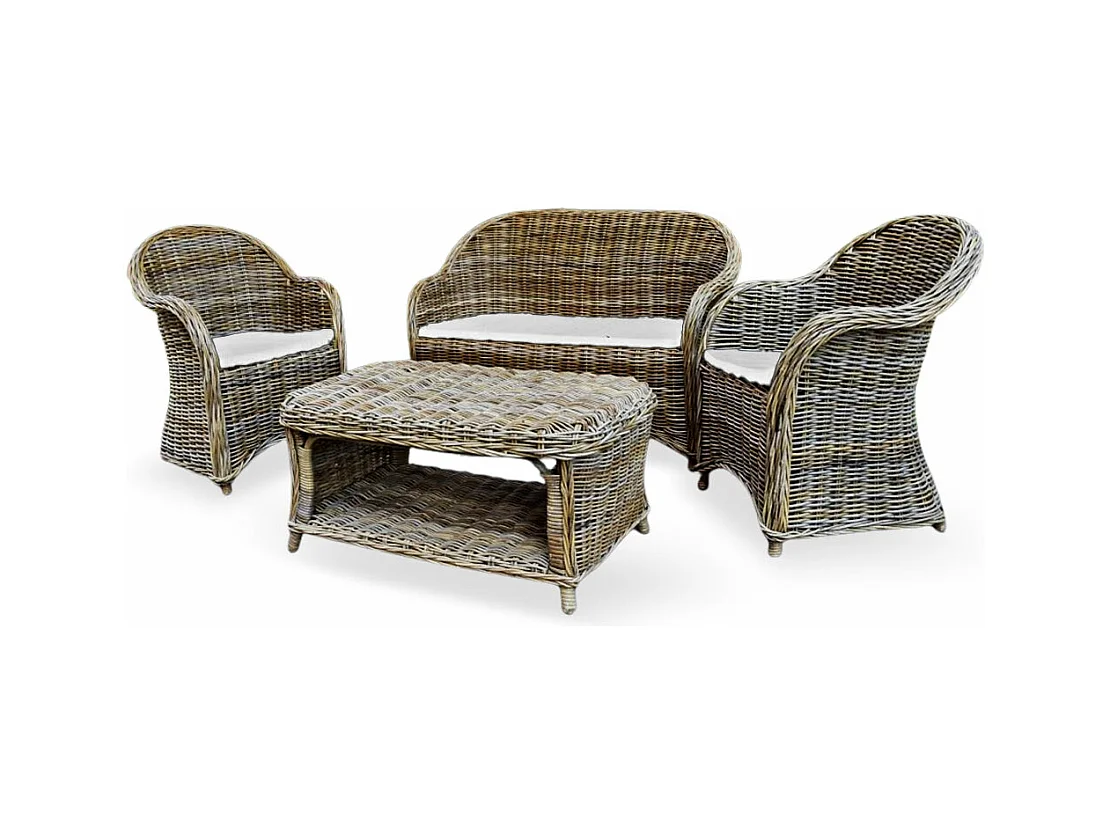 Woonkamer Rome met 1 bank, 2 fauteuils, 1 salontafel in grijs gevlochten rotan