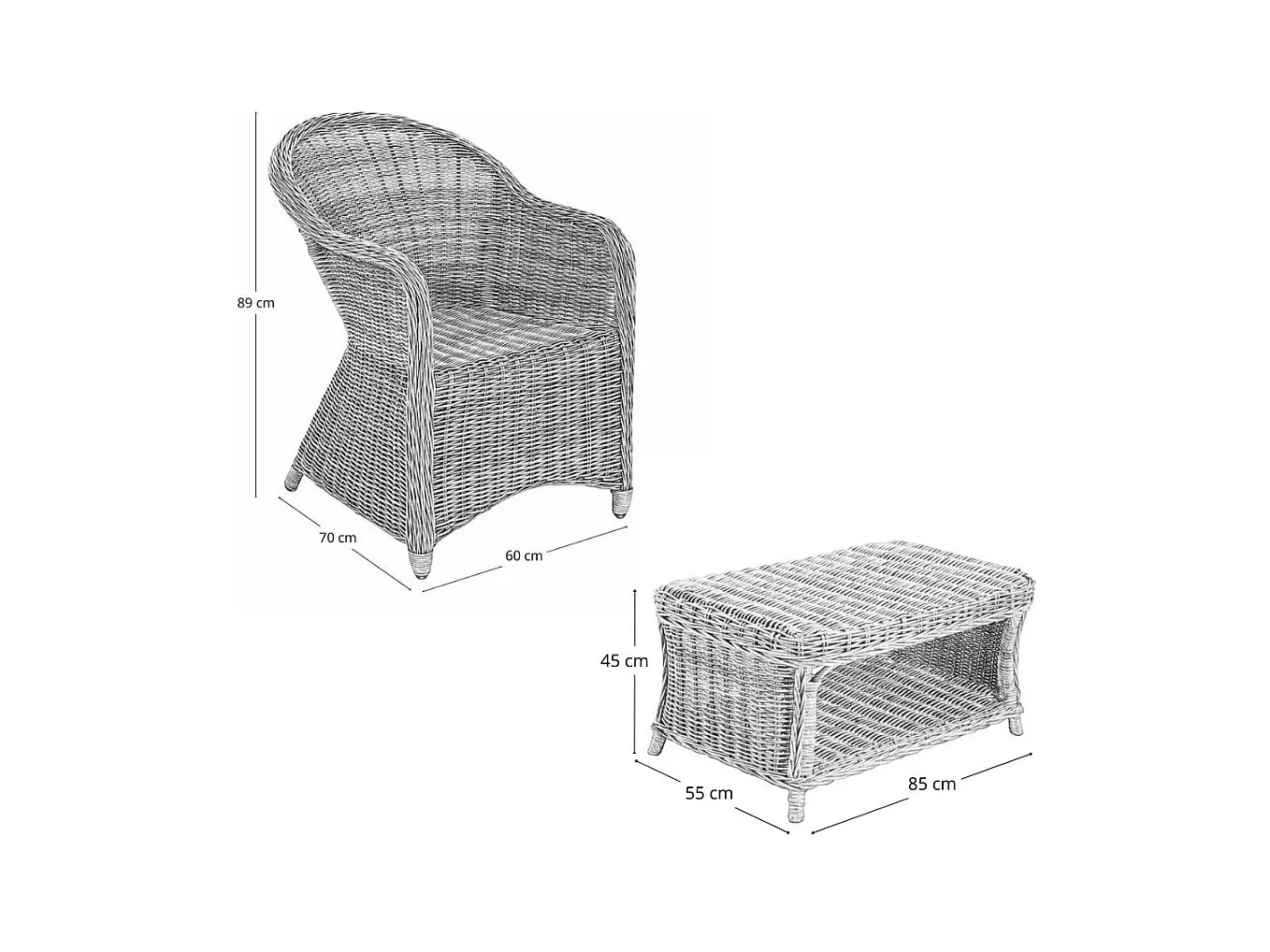 Woonkamer Rome met 1 bank, 2 fauteuils, 1 salontafel in grijs gevlochten rotan