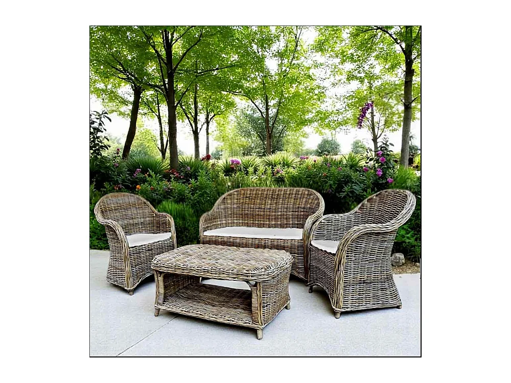 Woonkamer Rome met 1 bank, 2 fauteuils, 1 salontafel in grijs gevlochten rotan