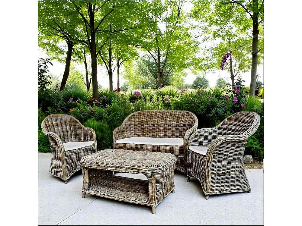 Woonkamer Rome met 1 bank, 2 fauteuils, 1 salontafel in grijs gevlochten rotan