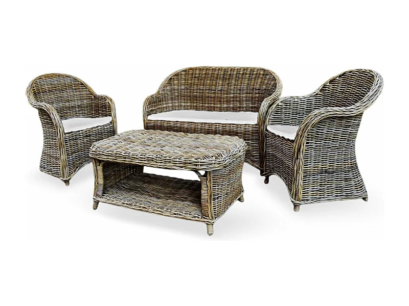 Salon Rome avec 1 canapé 2 fauteuils 1 table basse en rotin tressé gris