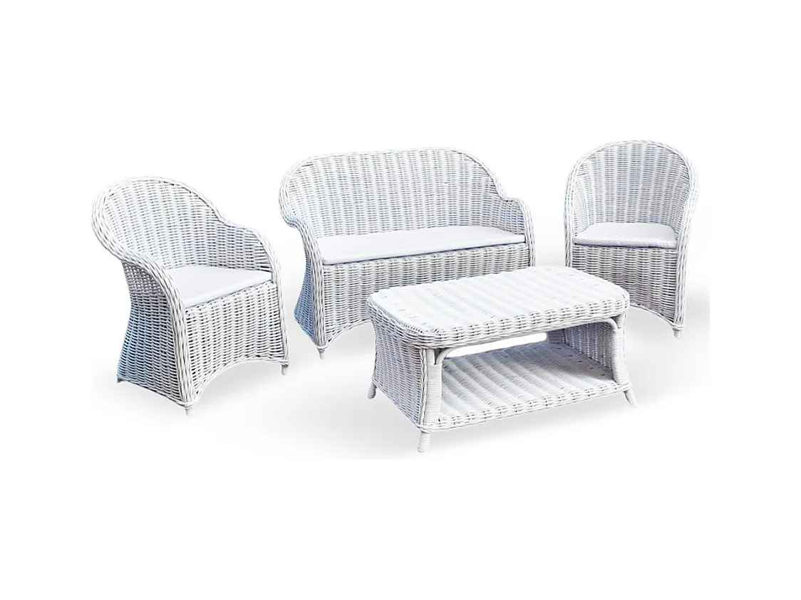 Salon Rome avec 1 canapé 2 fauteuils 1 table basse en rotin tressé blanc