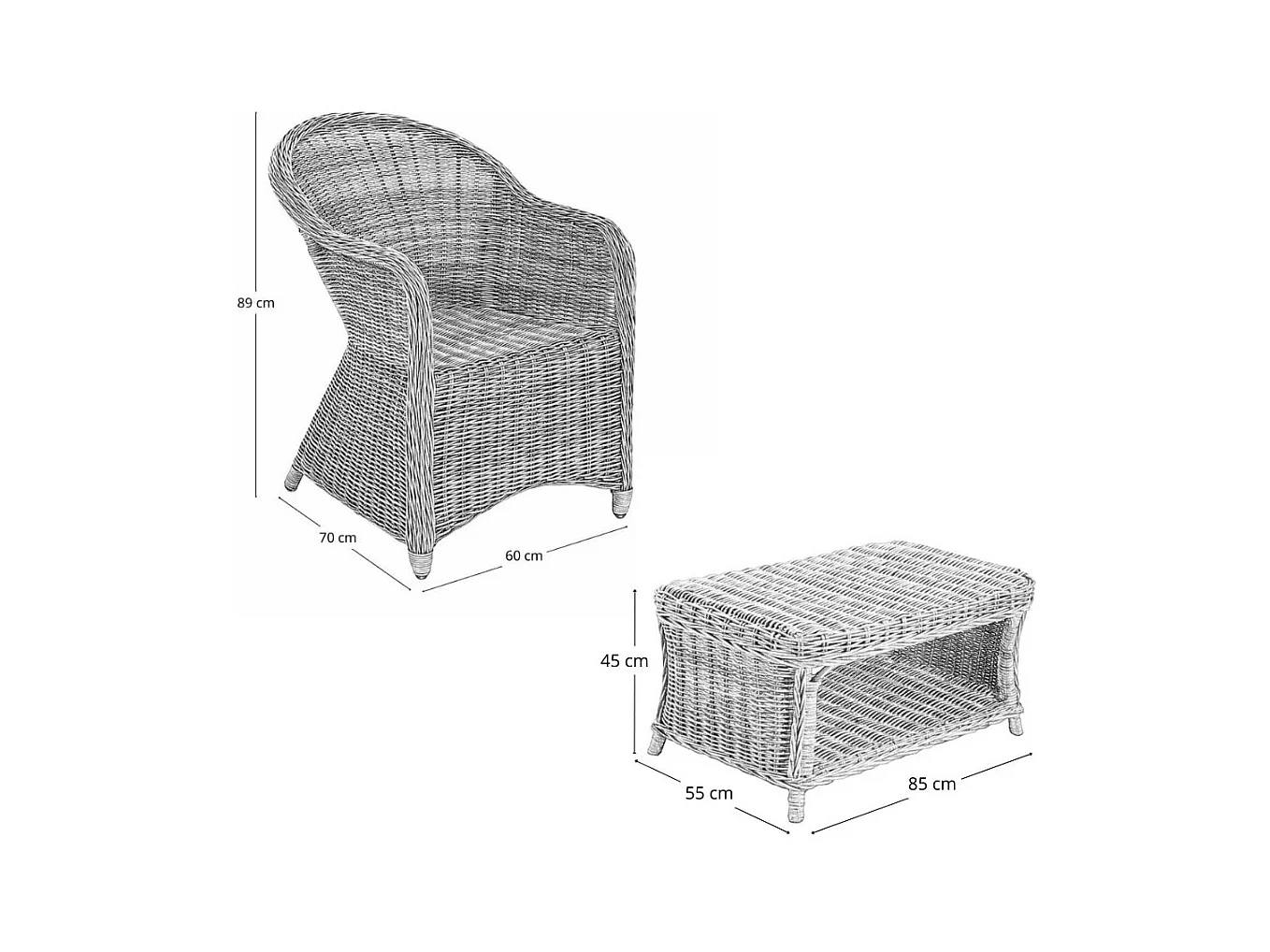 Salon Rome avec 1 canapé 2 fauteuils 1 table basse en rotin tressé blanc