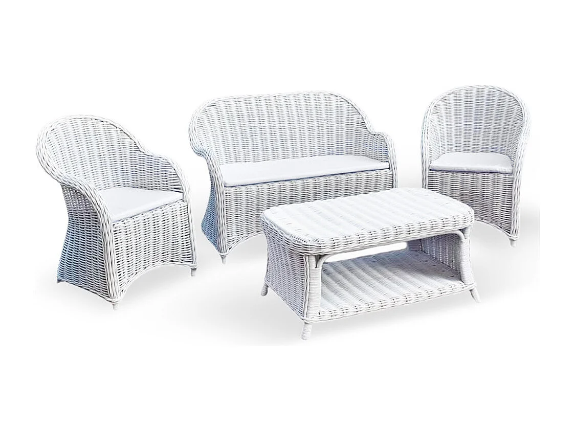 Salon Rome avec 1 canapé 2 fauteuils 1 table basse en rotin tressé blanc