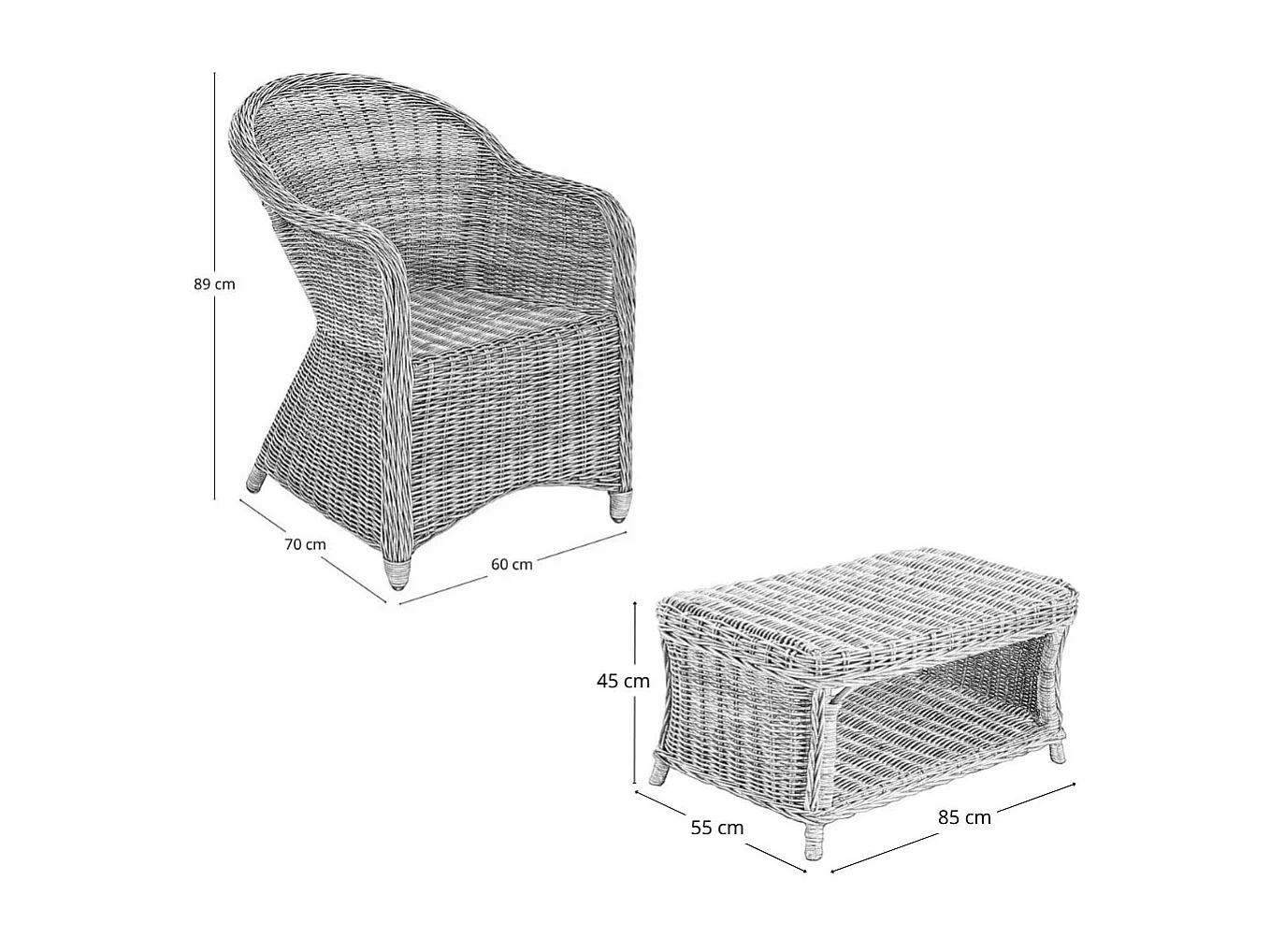 Salon Rome avec 1 canapé 2 fauteuils 1 table basse en rotin tressé blanc
