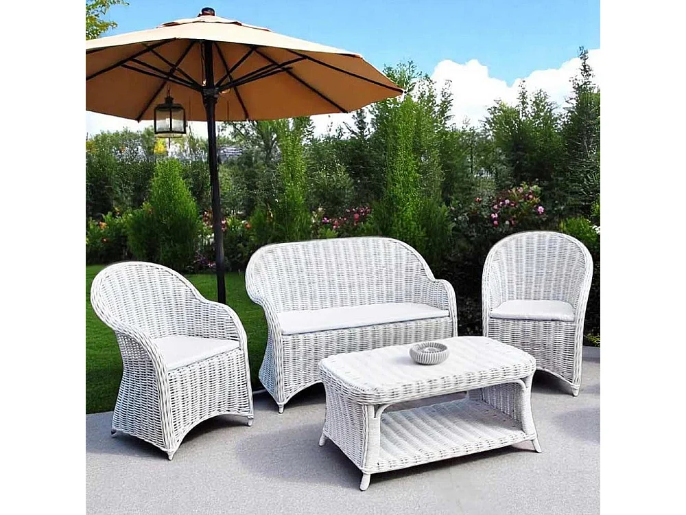 Salon Rome avec 1 canapé 2 fauteuils 1 table basse en rotin tressé blanc