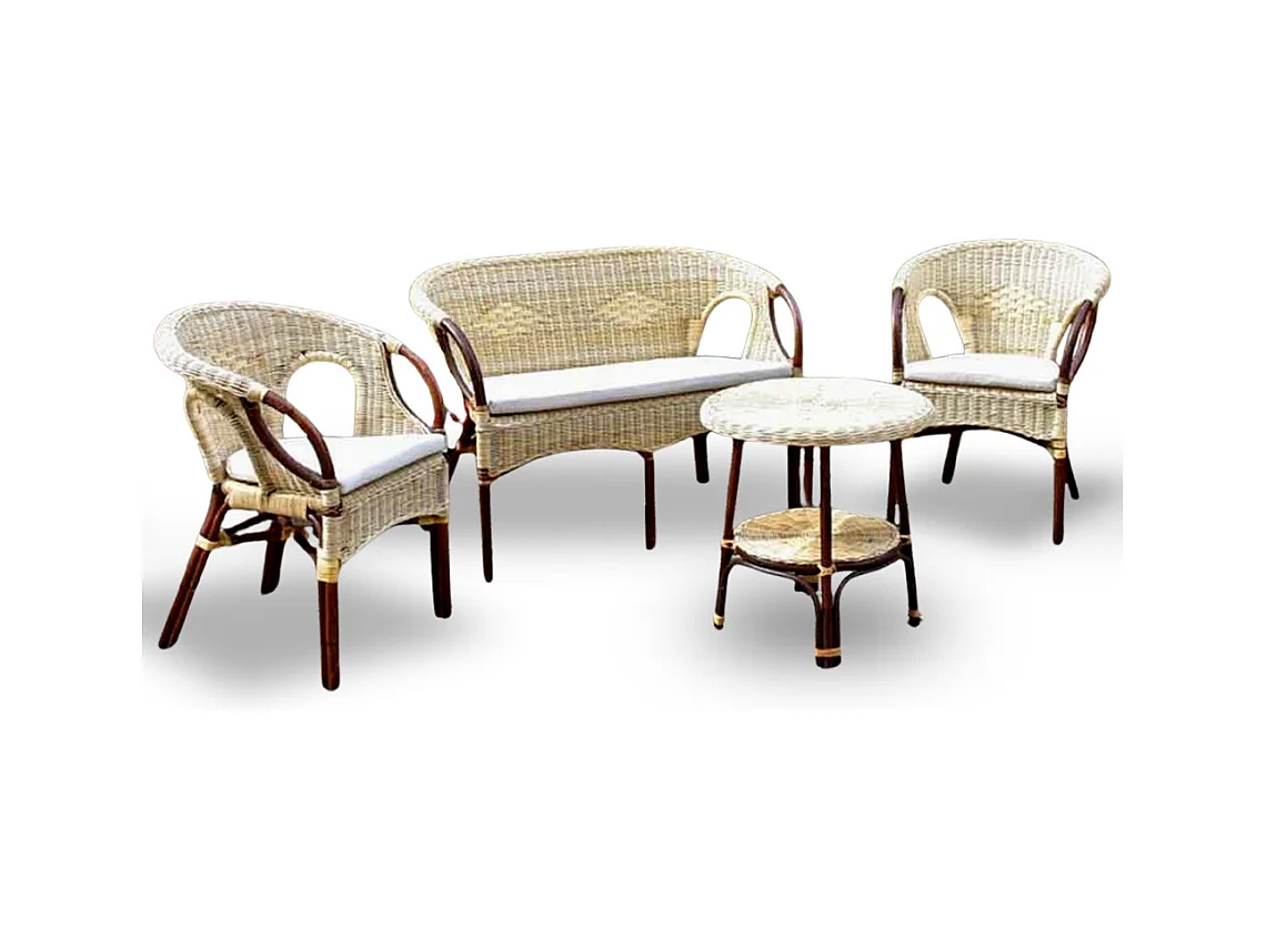 Salon Mandolino en osier de noyer avec 1 canapé, 2 fauteuils, 1 table basse