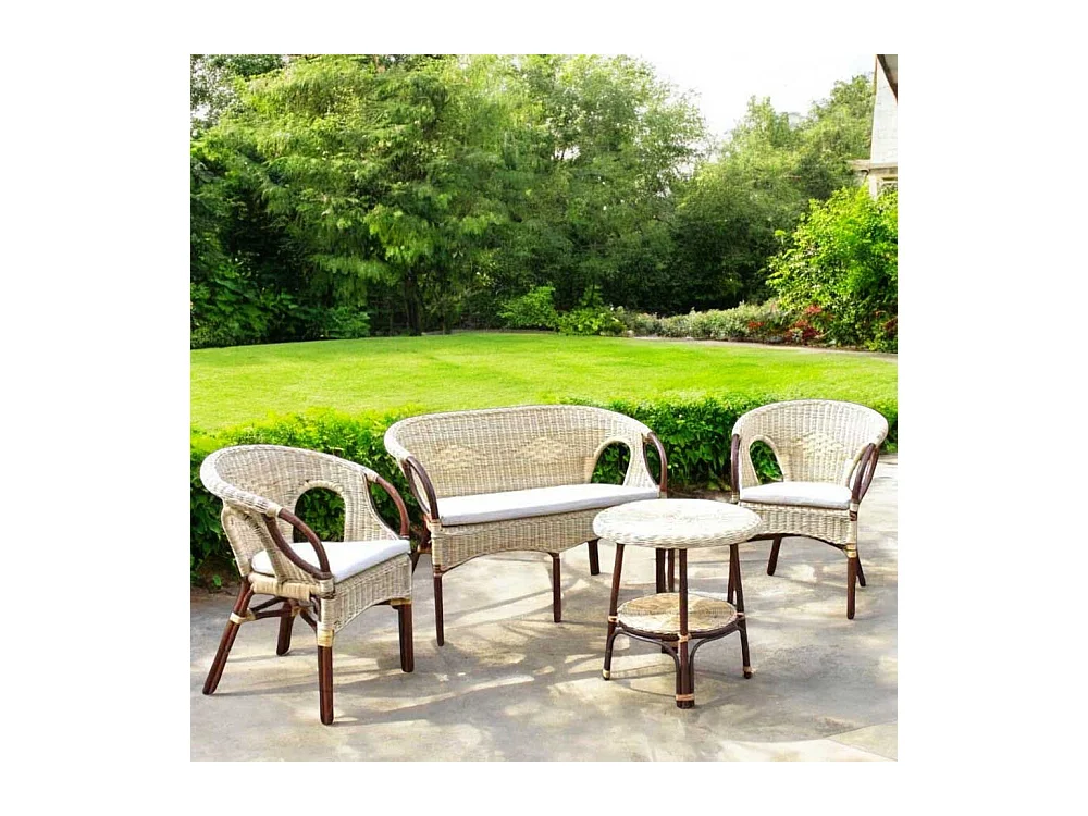 Salon Mandolino en osier de noyer avec 1 canapé, 2 fauteuils, 1 table basse