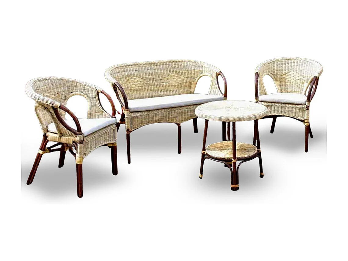 Woonkamer Mandolino in walnootriet met 1 bank, 2 fauteuils, 1 salontafel