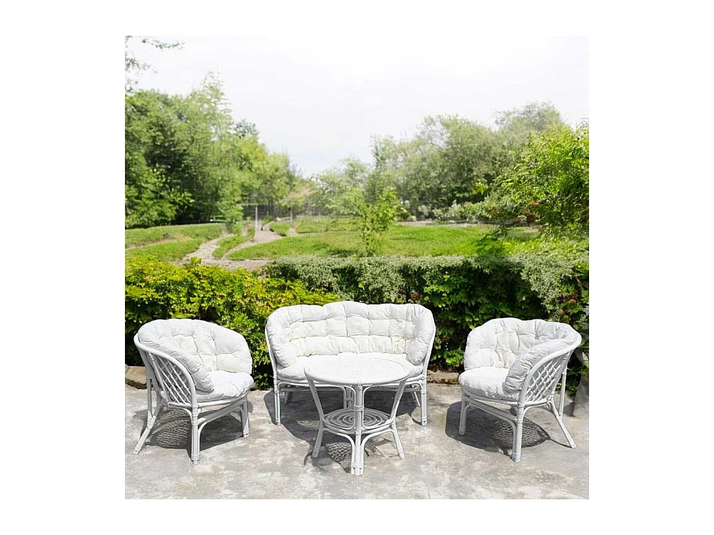 Salon de jardin en bambou Bahama avec coussins blancs