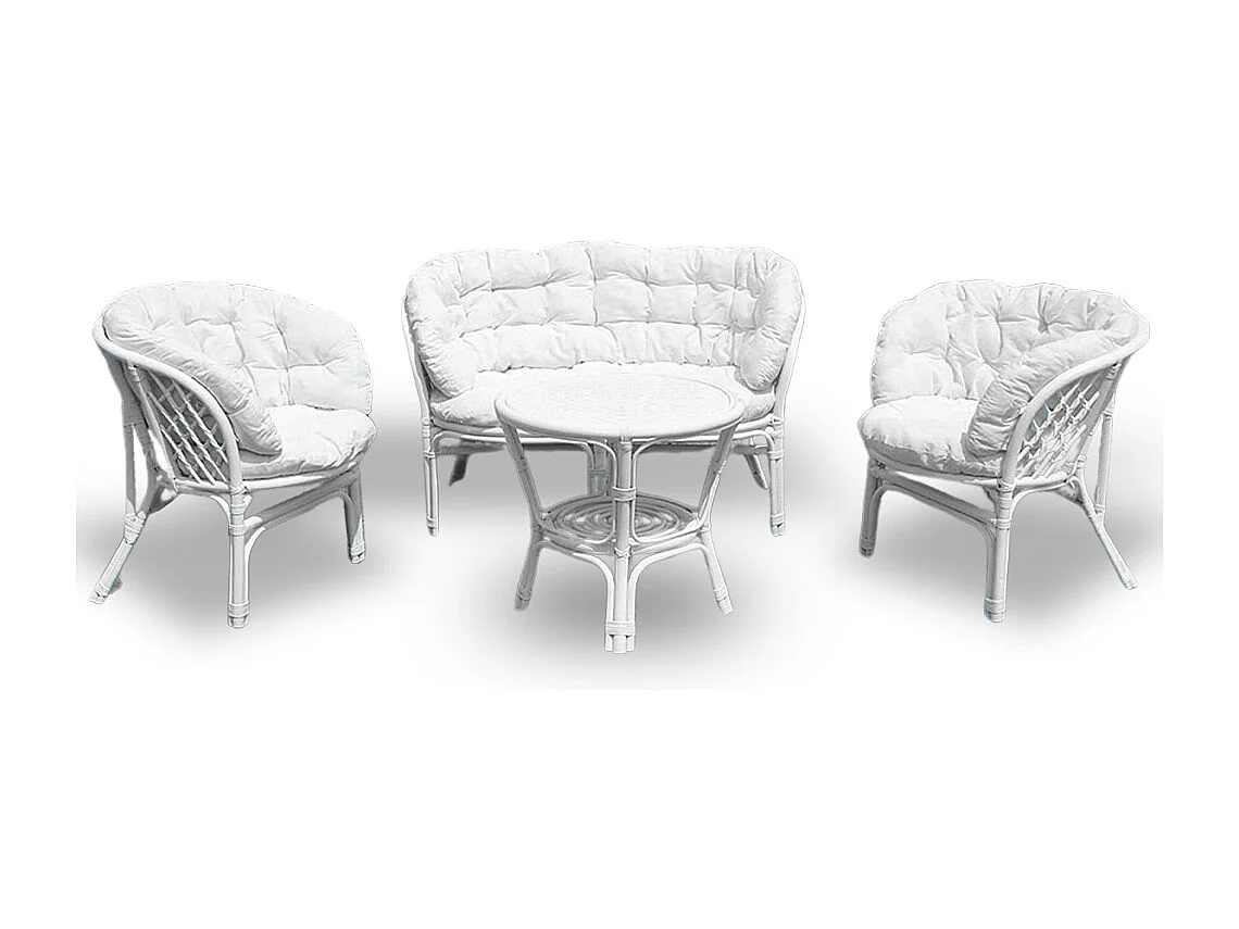 Salon de jardin en bambou Bahama avec coussins blancs