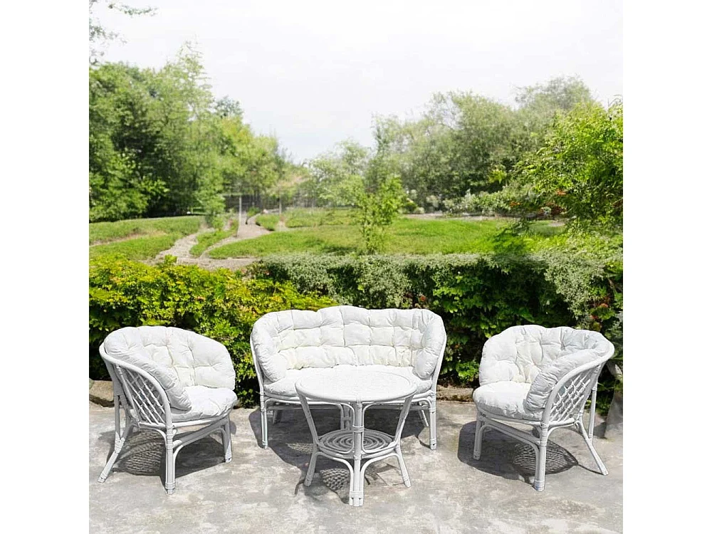 Salon de jardin en bambou Bahama avec coussins blancs