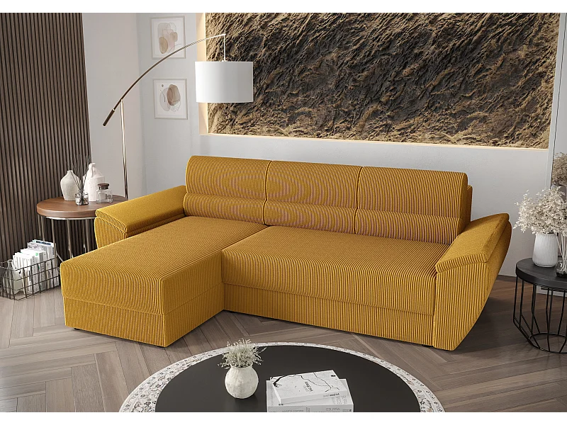 BEDANTE Ecksofa L REBI L2 Poso 01 Links mit Schlaffunktion,Senfton, L-Form, Sofa mit Stauraum, Bettkasten, Wohnzimmersofa, Couch, Sofa, Bettsofa