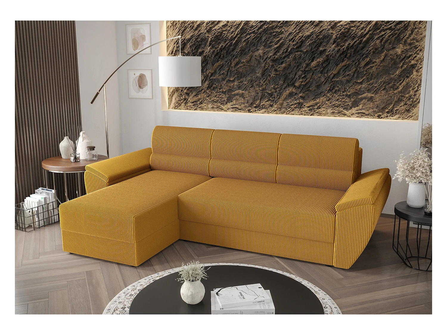 BEDANTE Ecksofa L REBI L2 Poso 01 Links mit Schlaffunktion,Senfton, L-Form, Sofa mit Stauraum, Bettkasten, Wohnzimmersofa, Couch, Sofa, Bettsofa