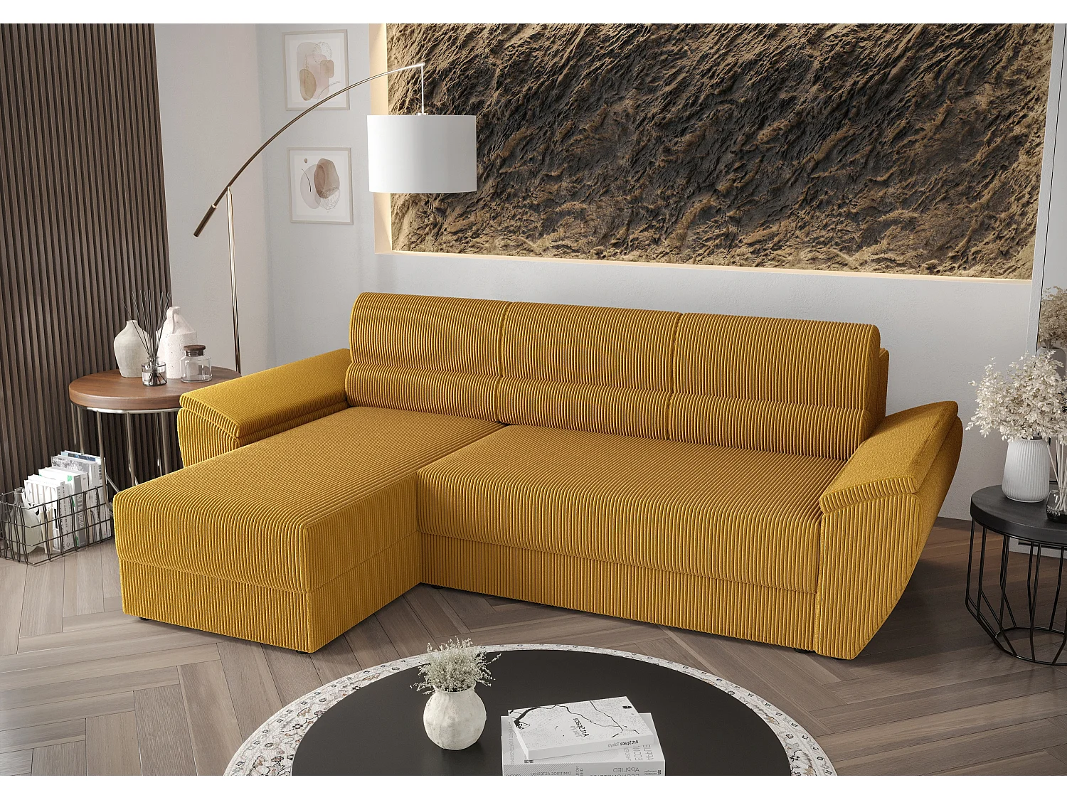 BEDANTE Ecksofa L REBI L2 Poso 01 Links mit Schlaffunktion,Senfton, L-Form, Sofa mit Stauraum, Bettkasten, Wohnzimmersofa, Couch, Sofa, Bettsofa