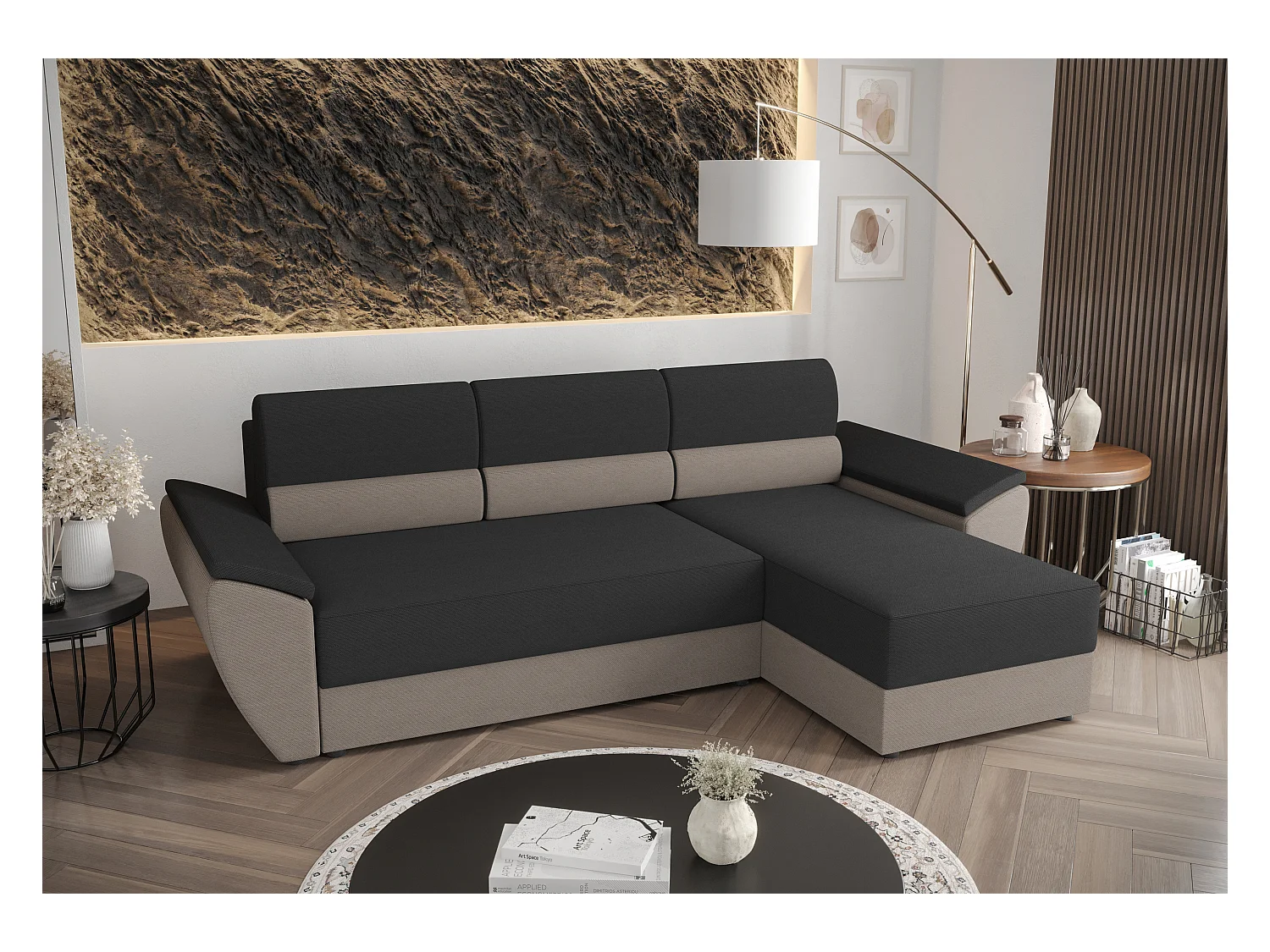 BEDANTE Canapé d’angle L REBI L2 Rainbow 27/83 Droite avec fonction lit, gris/beige, en forme de L