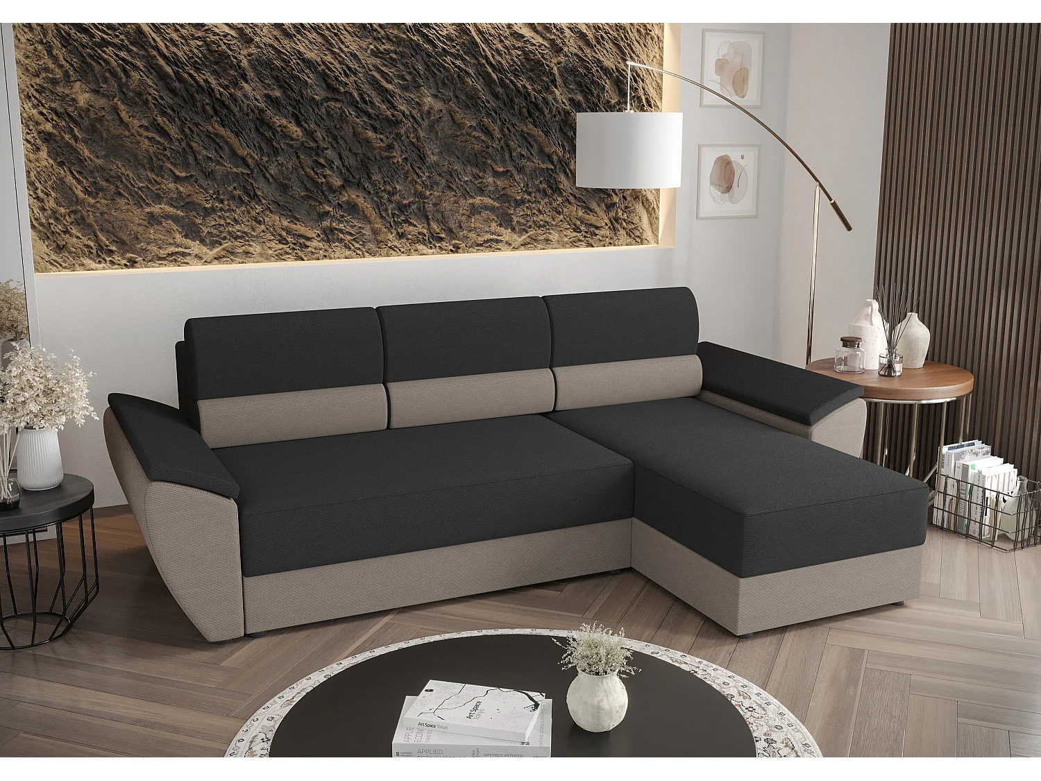 BEDANTE Ecksofa L REBI L2 Rainbow 27/83 Rechts mit Schlaffunktion, Grau/Beige, L-Form, Sofa mit Stauraum, Bettkasten, Wohnzimmersofa, Couch, Sofa, Bettsofa