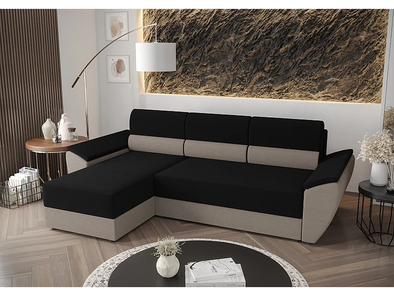 BEDANTE Ecksofa L REBI L2 Rainbow 15/83 Links mit Schlaffunktion, Schwarz/Beige, L-Form, Sofa mit Stauraum, Bettkasten, Wohnzimmersofa, Couch, Sofa, Bettsofa