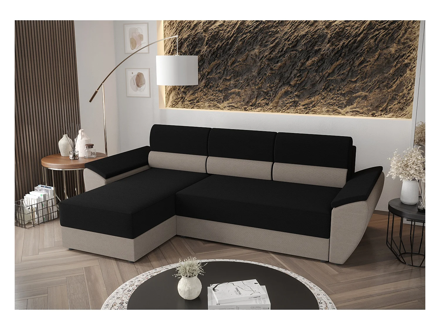 BEDANTE Hoekbank L REBI L2 Rainbow 15/83 Links met slaapfunctie, noir/beige, L-vorm, bank met opbergruimte, bedlade, woonkamerbank, bankstel, sofa, slaapbank