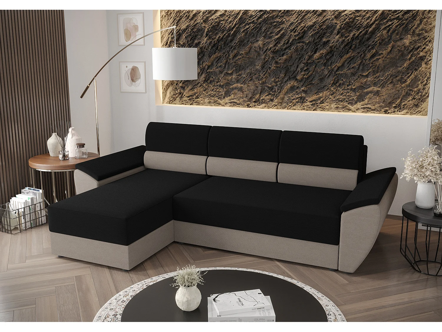 BEDANTE Ecksofa L REBI L2 Rainbow 15/83 Links mit Schlaffunktion, Schwarz/Beige, L-Form, Sofa mit Stauraum, Bettkasten, Wohnzimmersofa, Couch, Sofa, Bettsofa