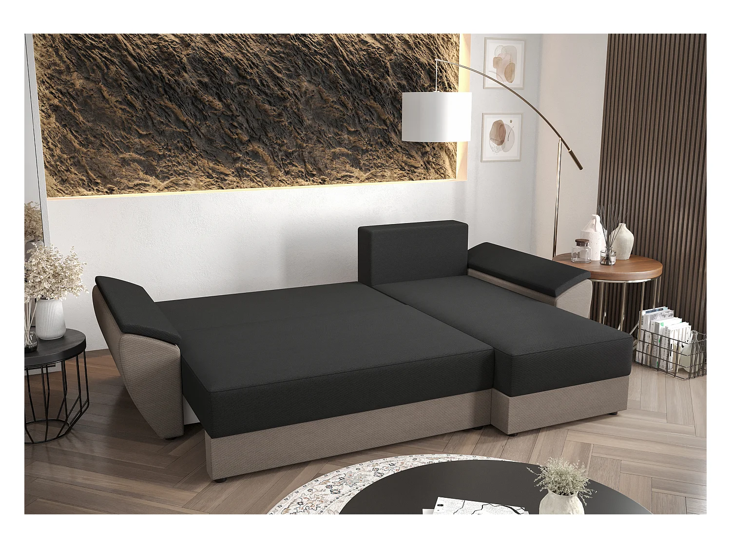 BEDANTE Canapé d’angle L REBI L2 Rainbow 20/05 Droite avec fonction lit, marron/beige, en forme de L