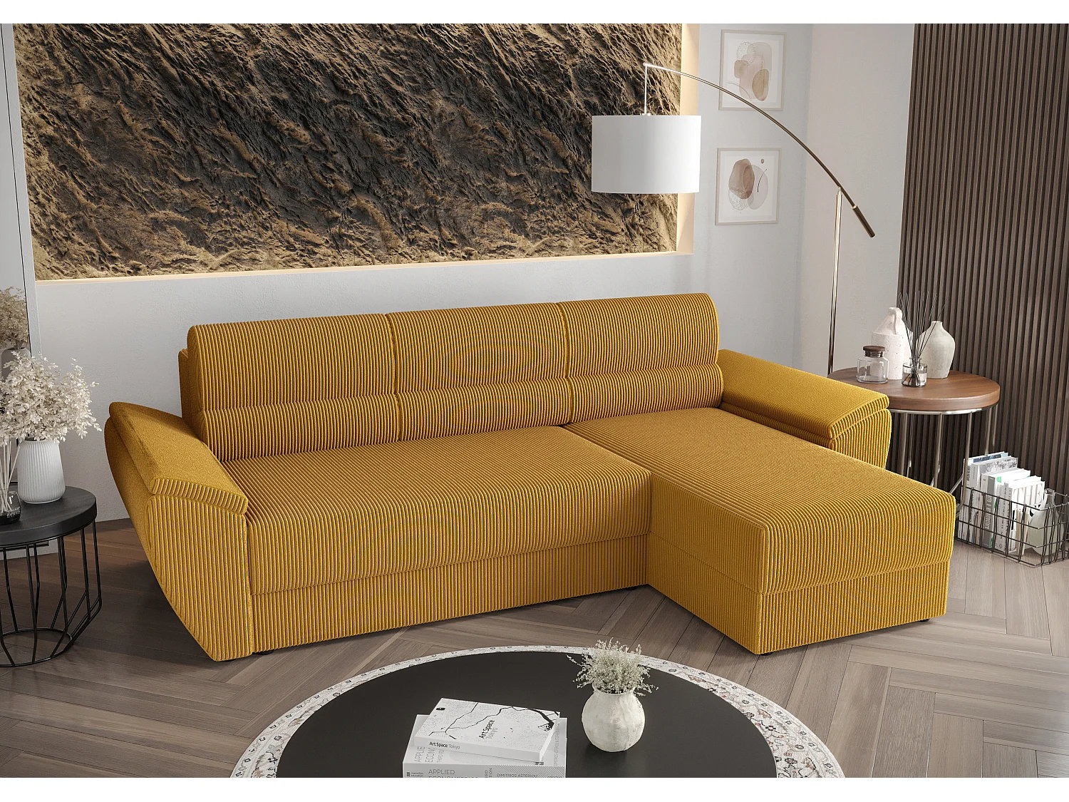 BEDANTE Ecksofa L REBI L2 Poso 01 Rechts mit Schlaffunktion, Senfton, L-Form, Sofa mit Stauraum, Bettkasten, Wohnzimmersofa, Couch, Sofa, Bettsofa