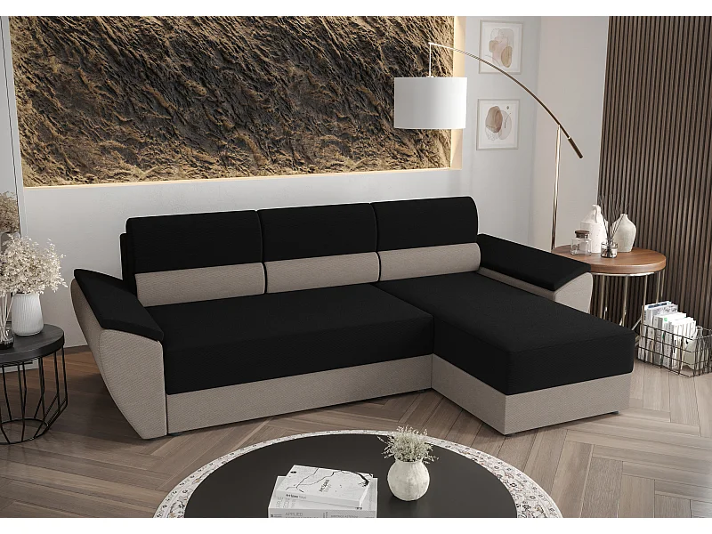 BEDANTE Ecksofa L REBI L2 Rainbow 15/83 Rechts mit Schlaffunktion,Schwarz/Beige, L-Form, Sofa mit Stauraum, Bettkasten, Wohnzimmersofa, Couch, Sofa, Bettsofa
