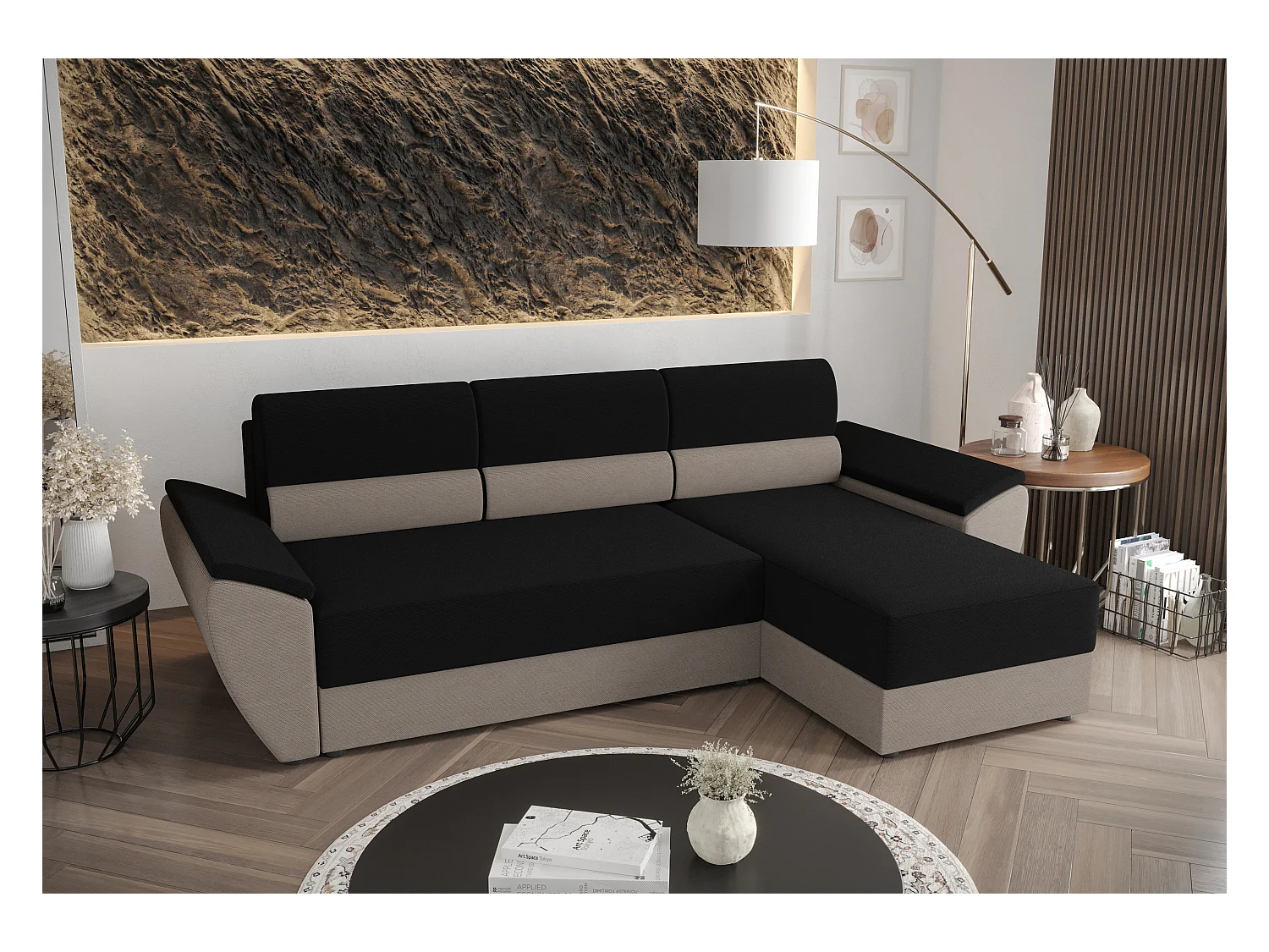 BEDANTE Ecksofa L REBI L2 Rainbow 15/83 Rechts mit Schlaffunktion,Schwarz/Beige, L-Form, Sofa mit Stauraum, Bettkasten, Wohnzimmersofa, Couch, Sofa, Bettsofa