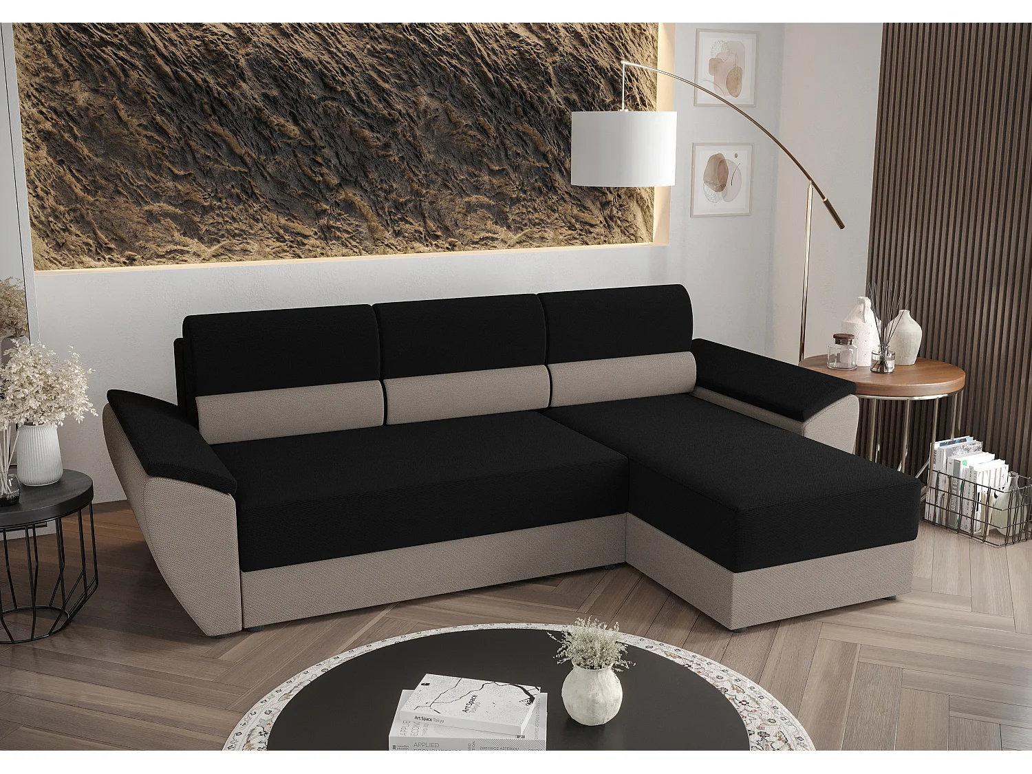 BEDANTE Ecksofa L REBI L2 Rainbow 15/83 Rechts mit Schlaffunktion,Schwarz/Beige, L-Form, Sofa mit Stauraum, Bettkasten, Wohnzimmersofa, Couch, Sofa, Bettsofa