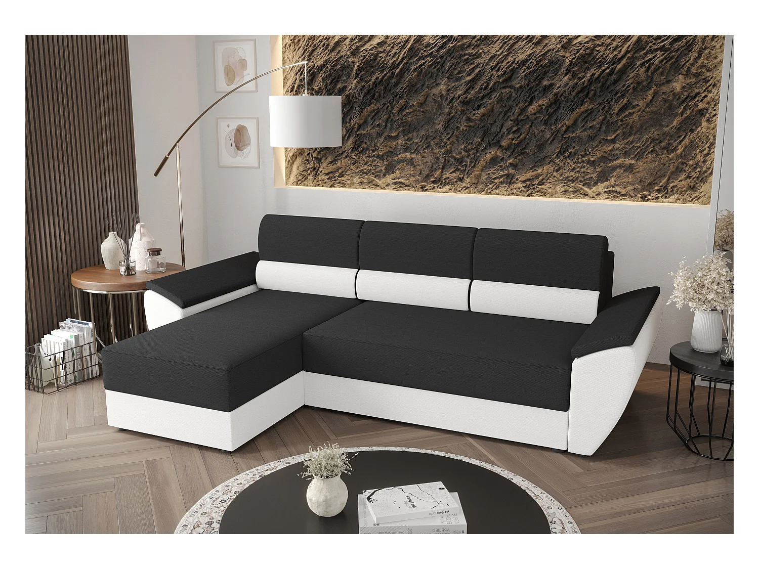 BEDANTE Ecksofa L REBI L2 Rainbow 27/31 Links mit Schlaffunktion, Grau/Weiß, L-Form, Sofa mit Stauraum, Bettkasten, Wohnzimmersofa, Couch, Sofa, Bettsofa