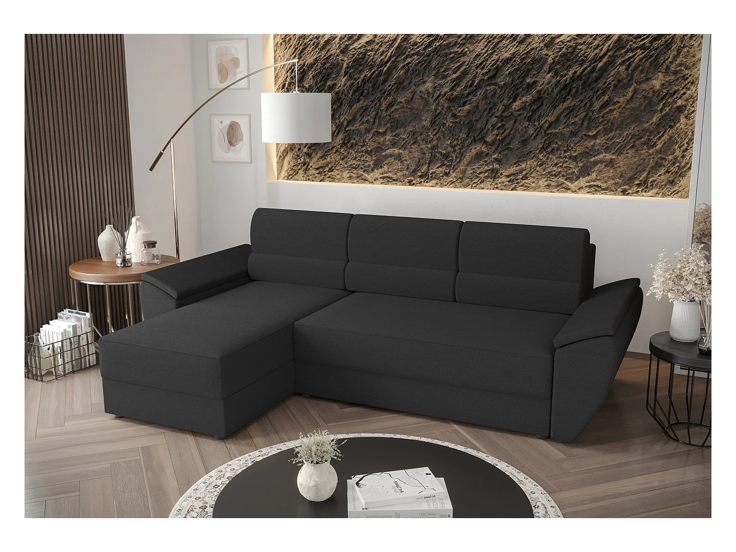 BEDANTE canapé d’angle en L REBI L2 Rainbow 27 gauche avec fonction couchage, gris, forme en L, canapé avec espace de rangement, coffre de lit