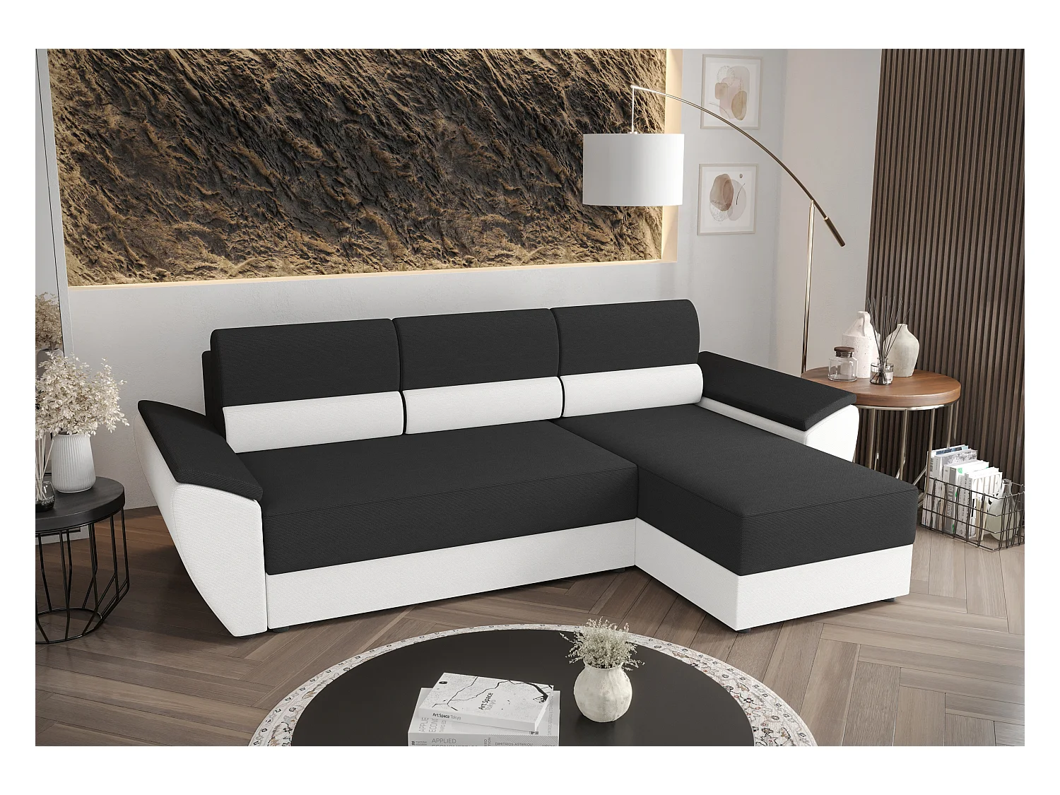 BEDANTE Ecksofa L REBI L2 Rainbow 27/31 Rechts mit Schlaffunktion, Grau/Weiß, L-Form, Sofa mit Stauraum, Bettkasten, Wohnzimmersofa, Couch, Sofa, Bettsofa