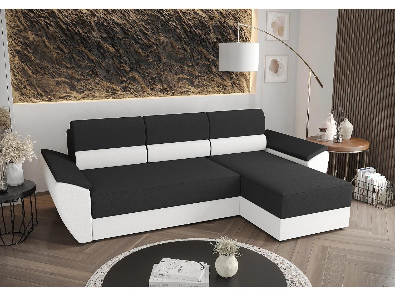 BEDANTE Ecksofa L REBI L2 Rainbow 27/31 Rechts mit Schlaffunktion, Grau/Weiß, L-Form, Sofa mit Stauraum, Bettkasten, Wohnzimmersofa, Couch, Sofa, Bettsofa