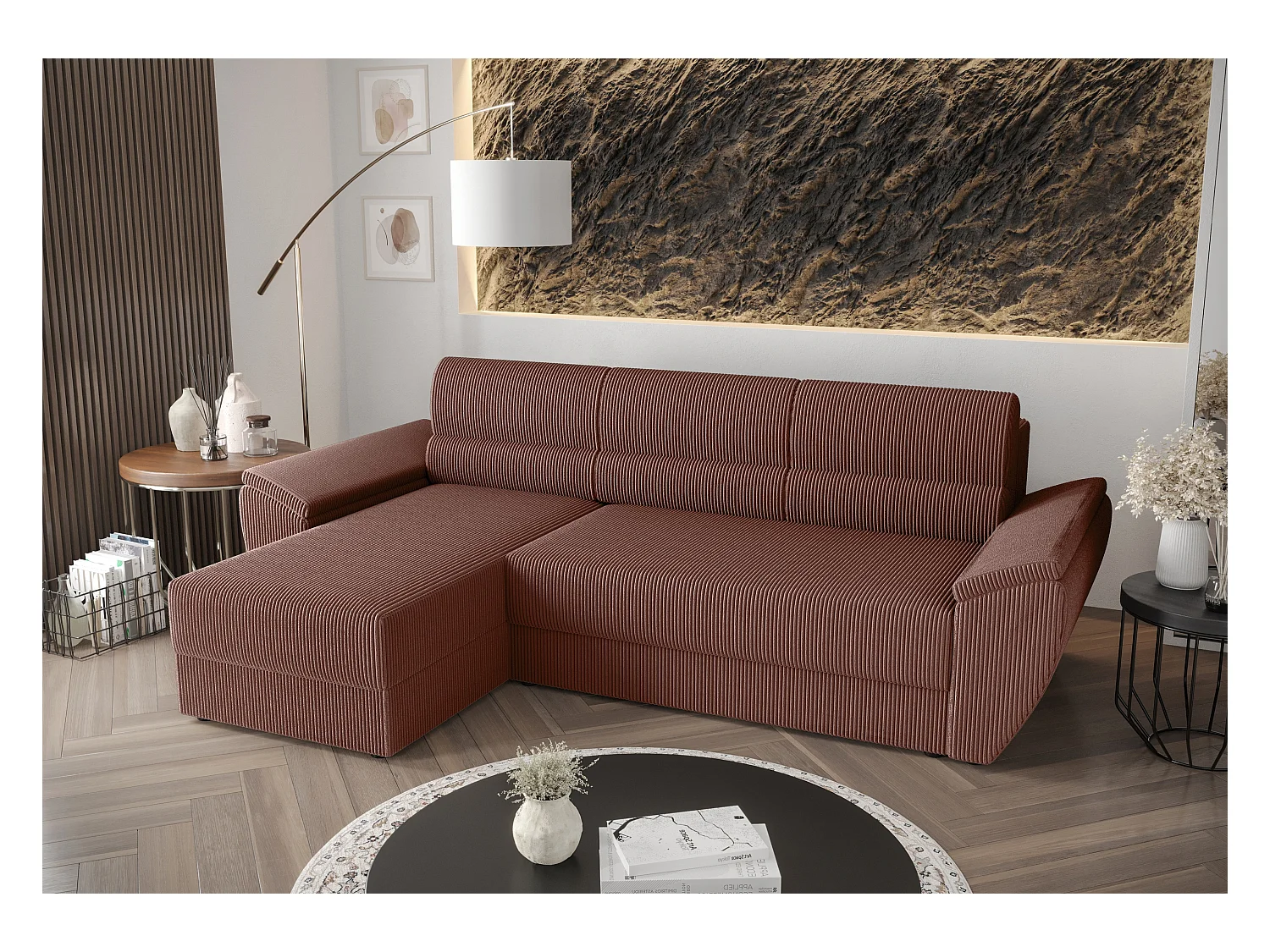 BEDANTE Ecksofa L REBI L2 Poso 29 Links mit Schlaffunktion, Koralle, L-Form, Sofa mit Stauraum, Bettkasten, Wohnzimmersofa, Couch, Sofa, Bettsofa