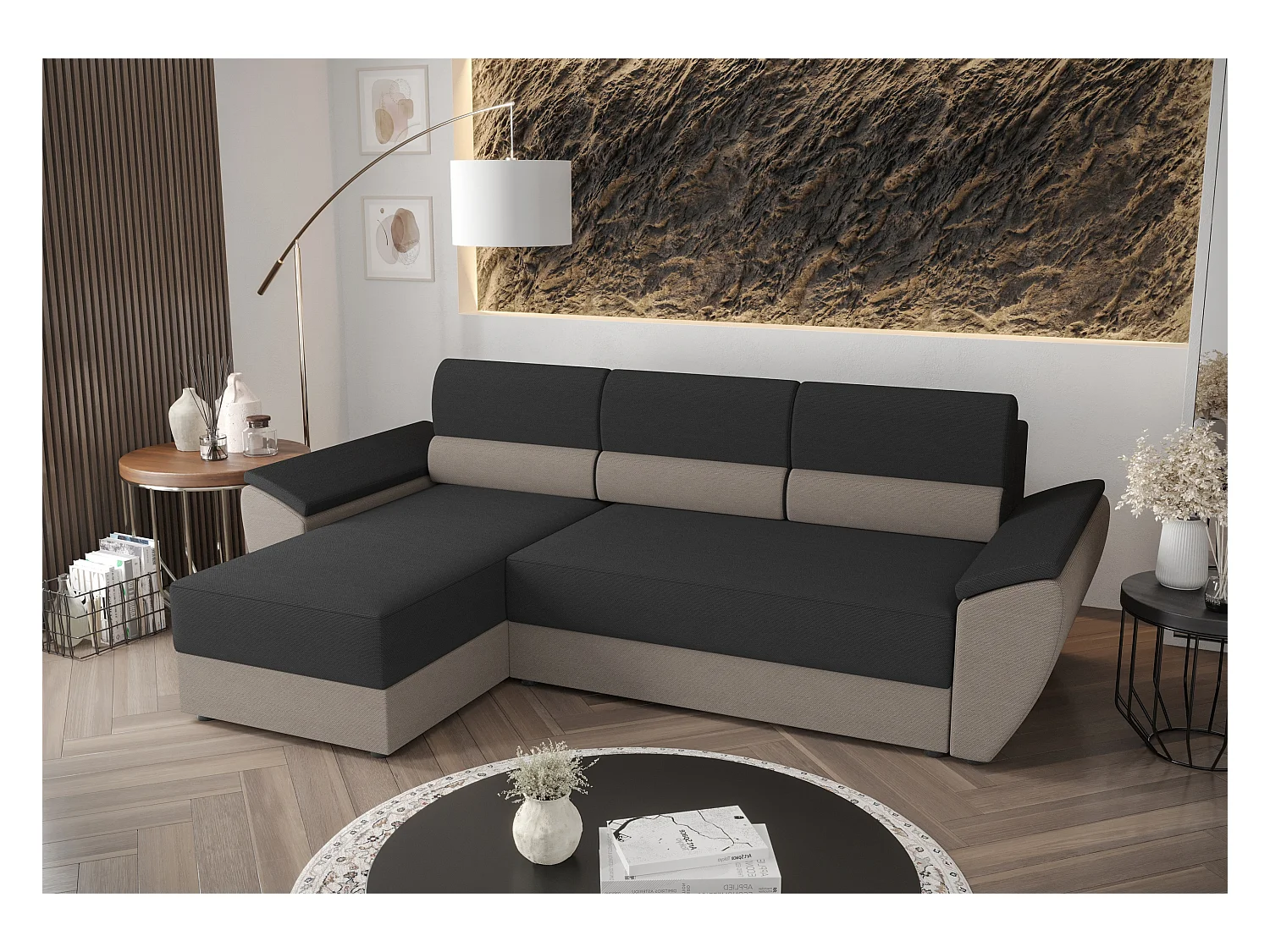 BEDANTE Ecksofa L REBI L2 Rainbow 27/83 Links mit Schlaffunktion, Grau/Beige, L-Form, Sofa mit Stauraum, Bettkasten, Wohnzimmersofa, Couch, Sofa, Bettsofa