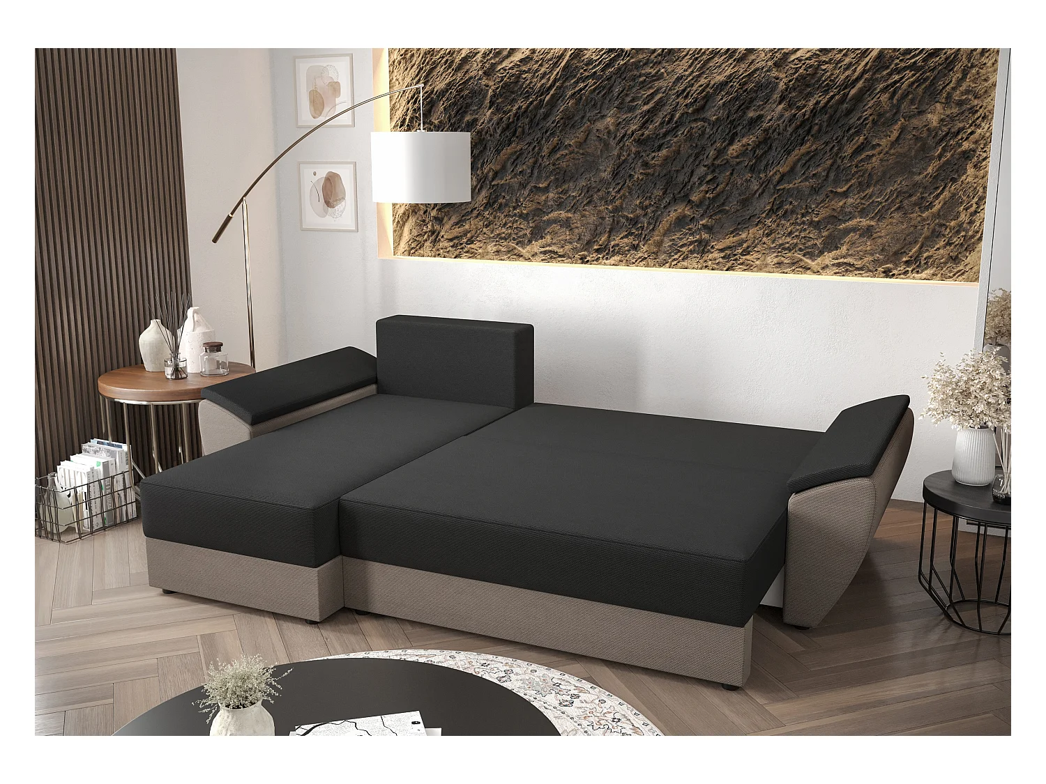 BEDANTE Ecksofa L REBI L2 Rainbow 27/83 Links mit Schlaffunktion, Grau/Beige, L-Form, Sofa mit Stauraum, Bettkasten, Wohnzimmersofa, Couch, Sofa, Bettsofa